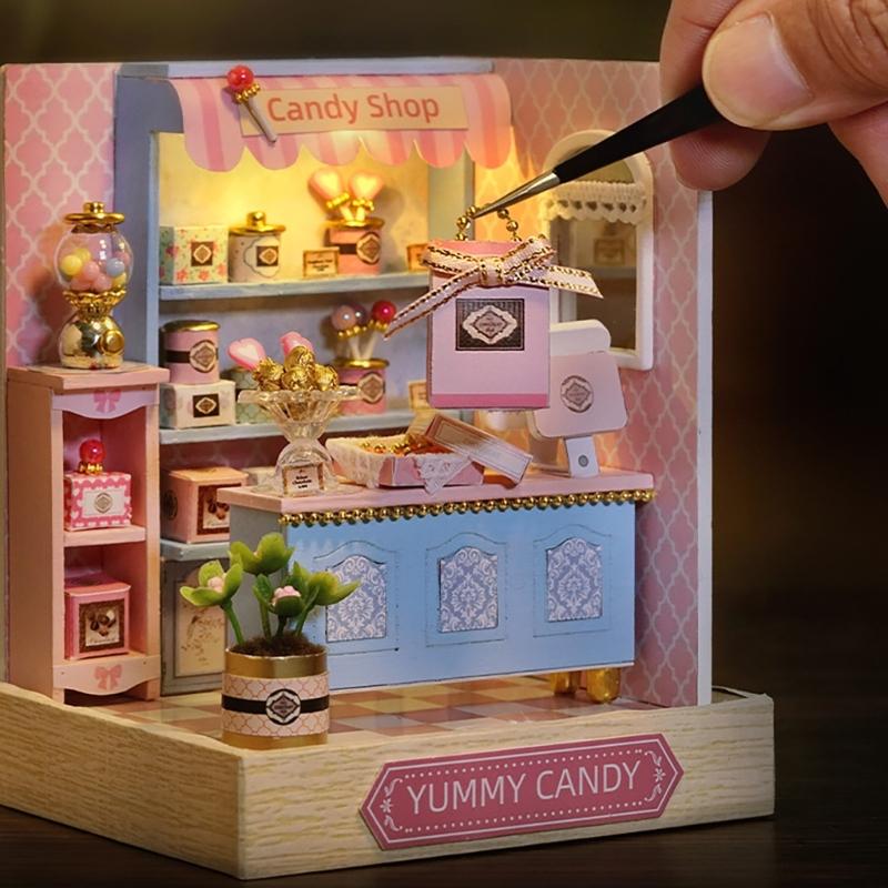 Wood Atelier Insert Candy Shop Model Dollhouses with Light Unique Craft Build Your Own Shop Model Craft