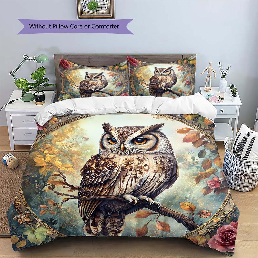 Сова на ветке  Узор  Комплект постельного белья  Одеяло  Домашний декор  Подарок (1 пододеяльник + 2 наволочки, без наполнителя)