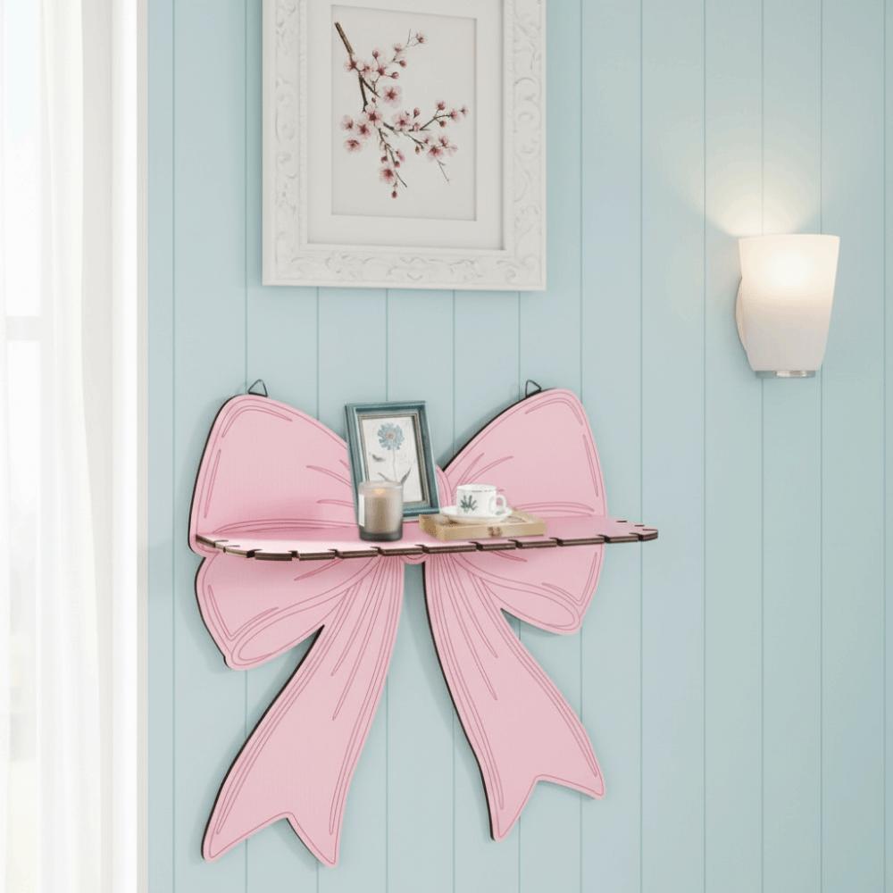 Pink Bow Wall Mounted Shelf Wooden Holder Wood Storage Rack Wall Storage Holder Girls Room
