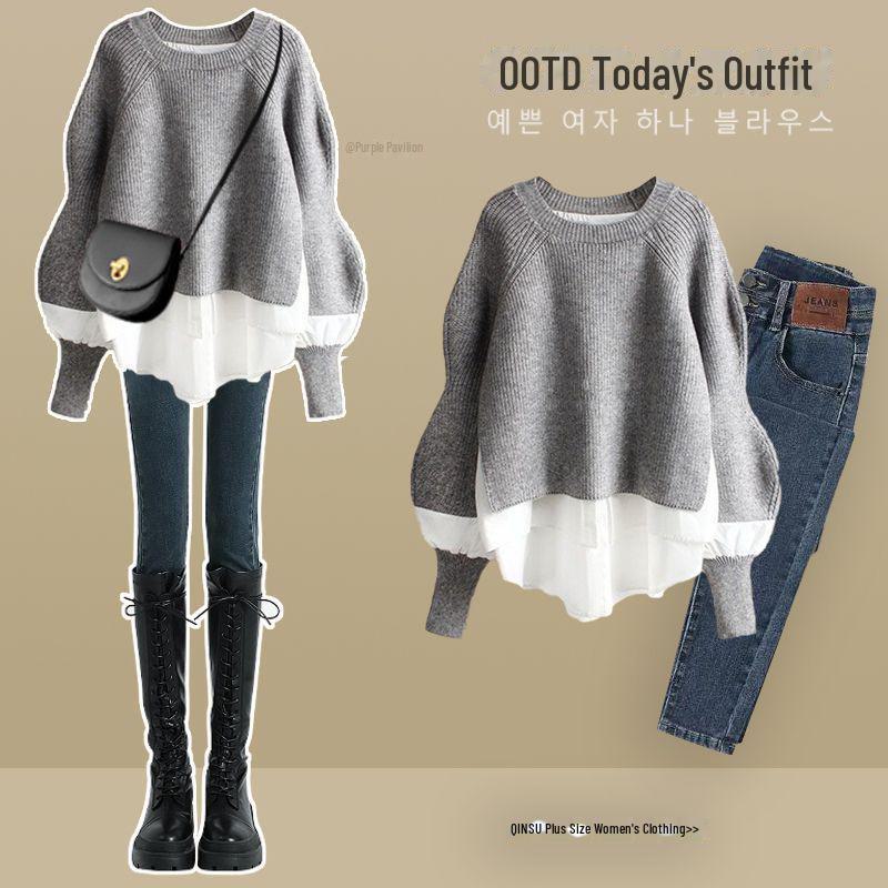 Женский осенний комплект из двух частей больших размеров 2024 года: Элегантный топ-рубашка и узкие джинсы