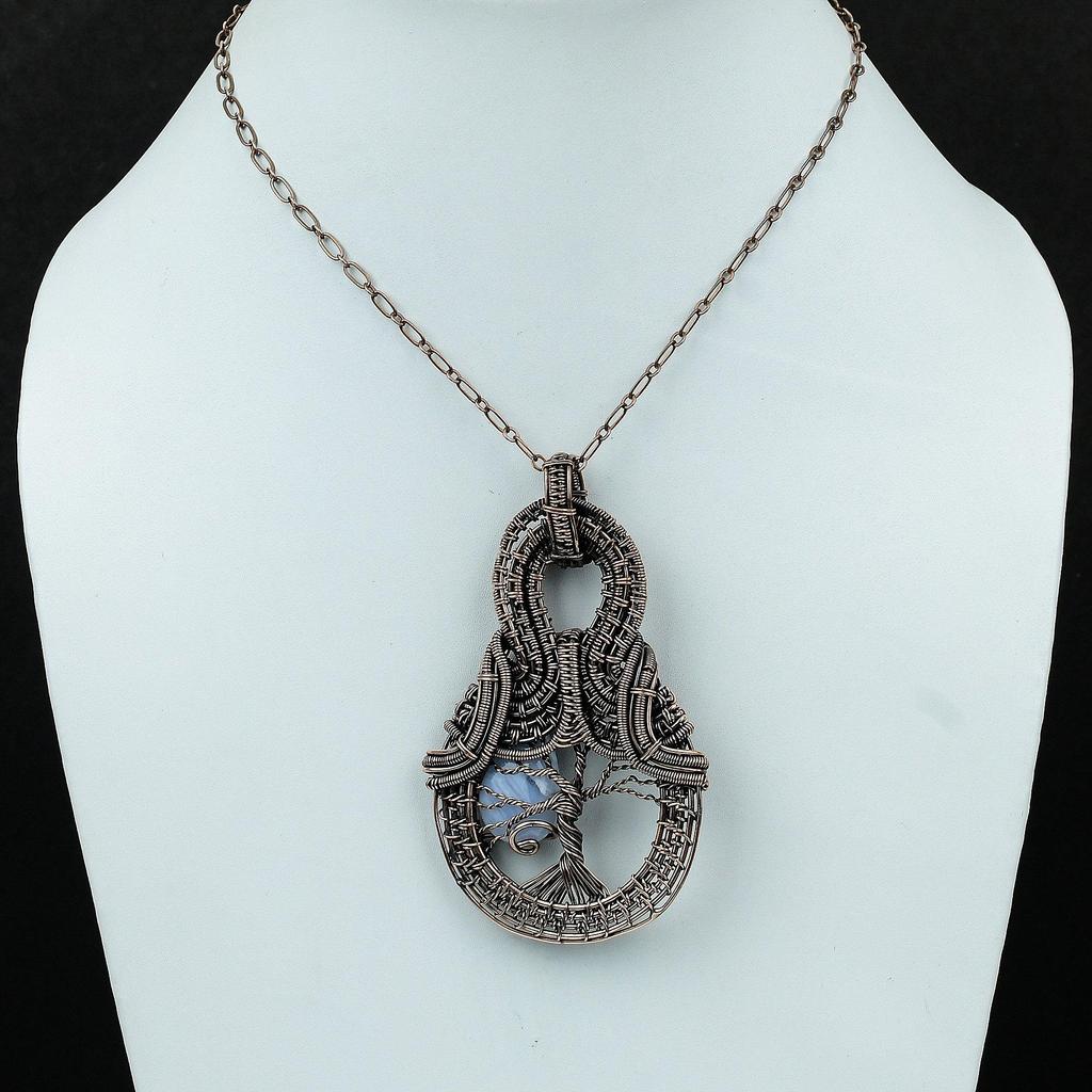 Подвеска из голубого кружевного агата «Дерево жизни», подвеска из медной проволоки, ручная работа, медные украшения, подвеска из драгоценных камней, подвеска из проволоки, подарок для матери