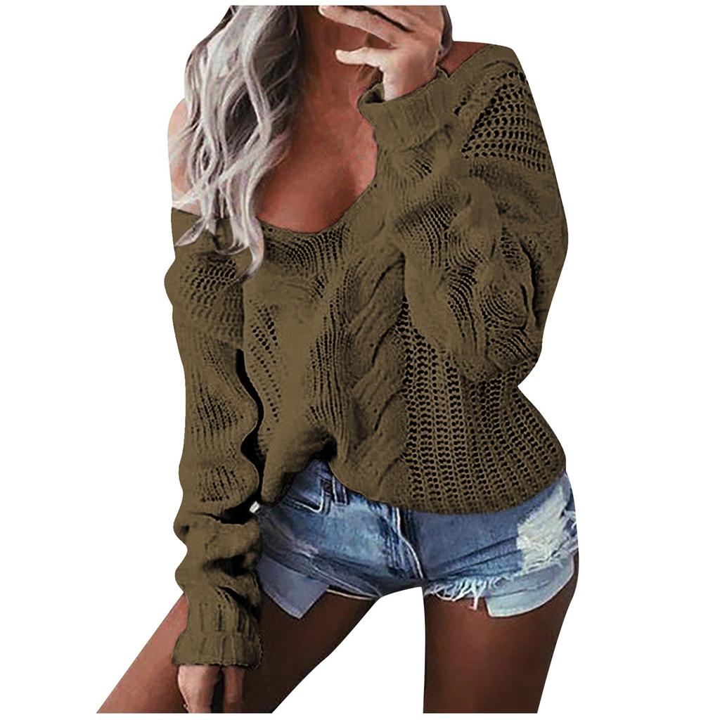 Womens Lady V-neck Sweater Casual Solid Loose Long Sleeve Tops Slim Fit Pullover