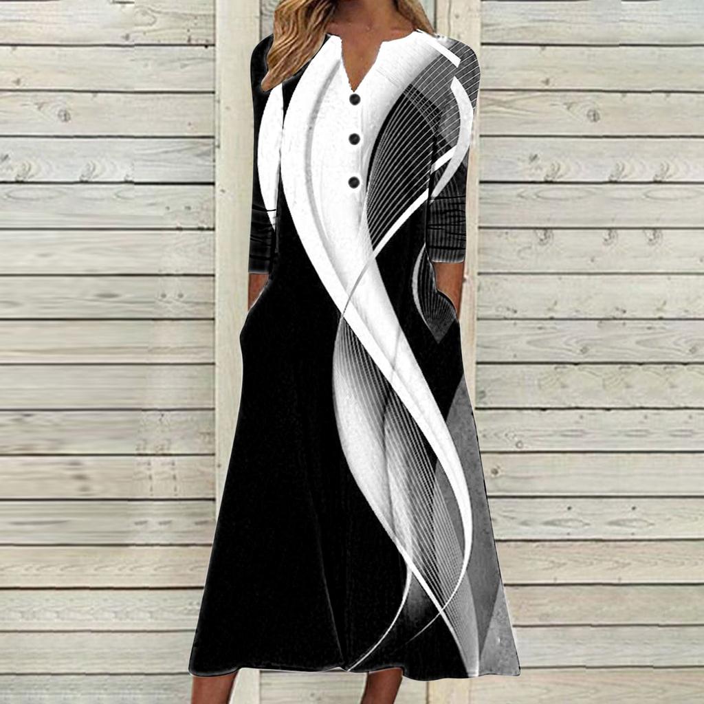 Women's Autumn And Winter Dress Women's Casual Printed Tube Top V-Neck Button Long Sleeve Swing Dress