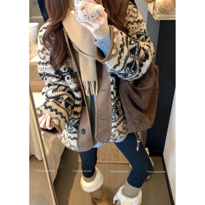 Eco-Friendly Lamb Wool Fair Isle Print Warm Retro Coat