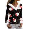 Женская футболка с рождественским принтом, футболка с длинным рукавом, флисовый воротник, топ с V-образным вырезом