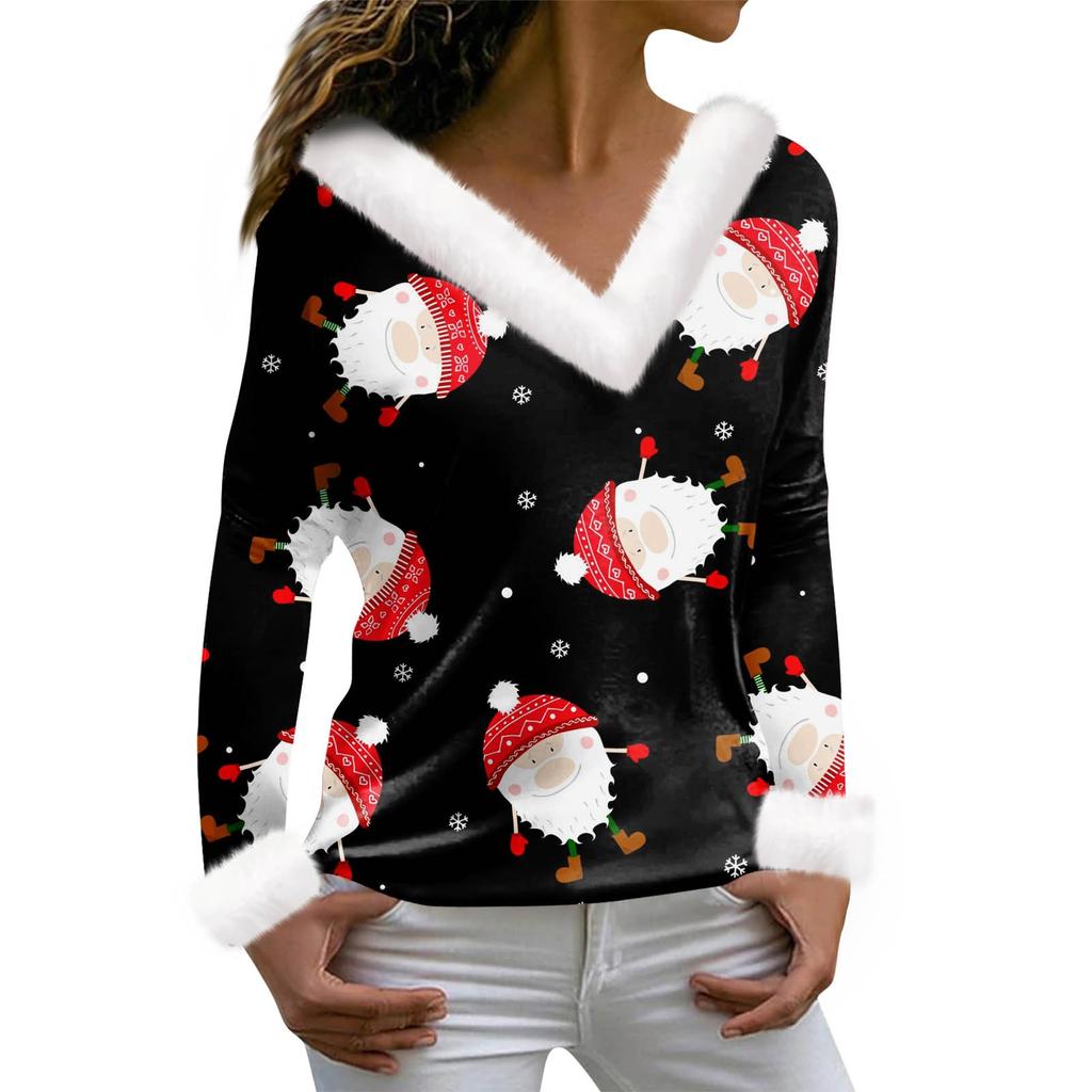 Женская футболка с рождественским принтом, футболка с длинным рукавом, флисовый воротник, топ с V-образным вырезом