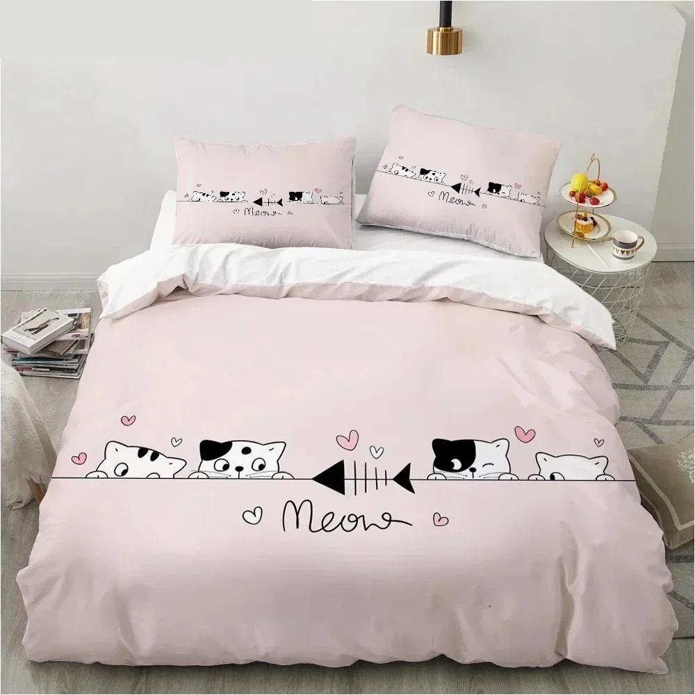 New 3D Print Cartoon Cat and Fish Comfortable Duvet Quilt Cover Pillowcase Bedding Set Children Bedroom Decoration Home Textile