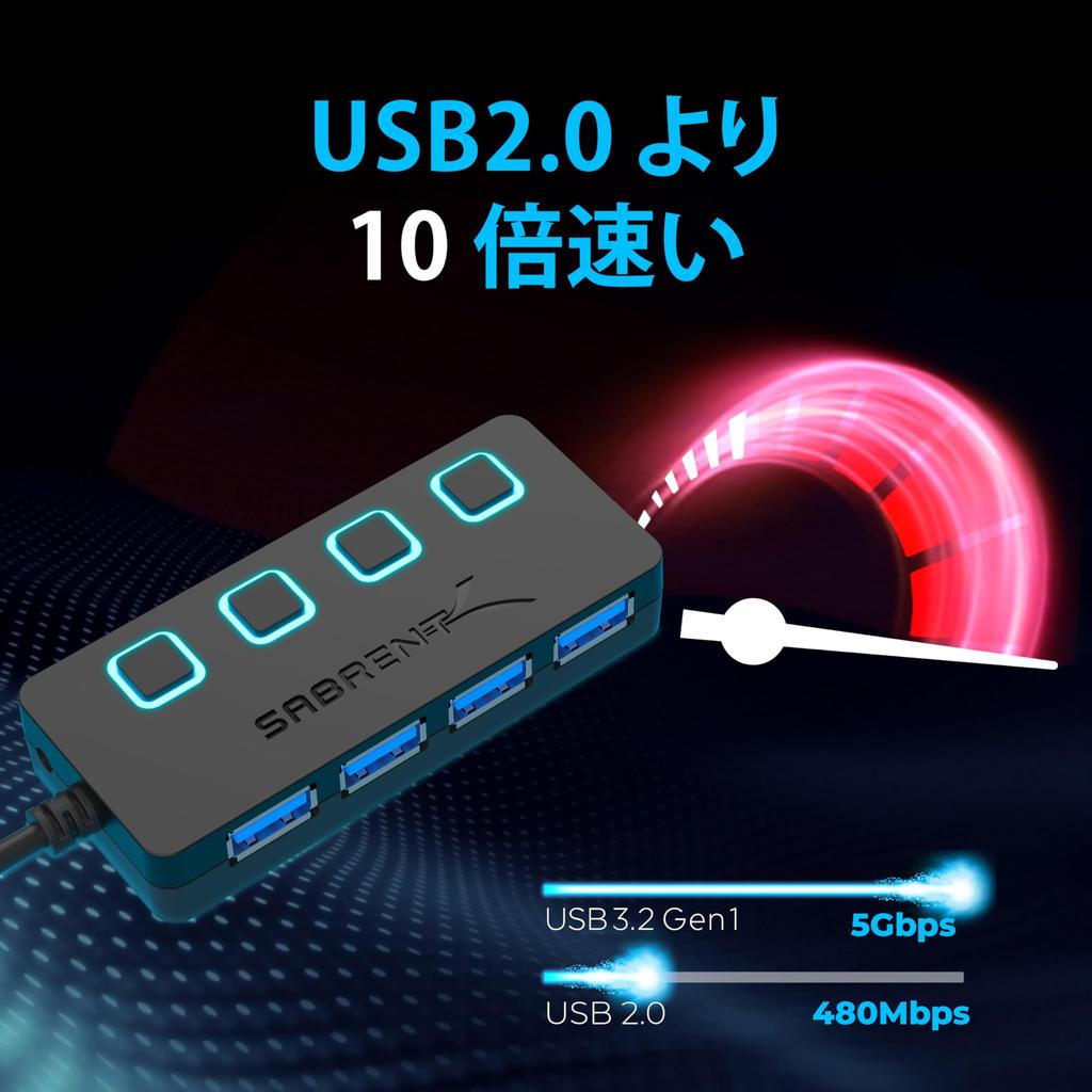 SABRENT USB-хаб со светодиодной индикацией питания SuperSpeed для совместимости с системами Windows и Mac Кабель 3.0 4-портовый (с коммутатором), 5 Гбит/с, PS5/PS4, Ноутбуки, ПК,