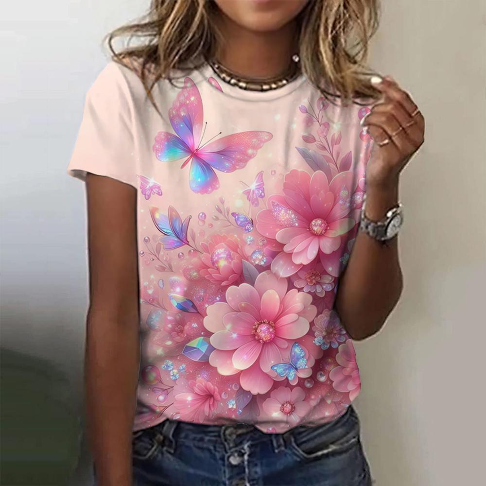 2024 Fashion Woman T Shirt 3d Butterfly Print Crew Neck Short Sleeve Tee Luxury Female T-Shirts Oversized Y2k Clothing For Girls
