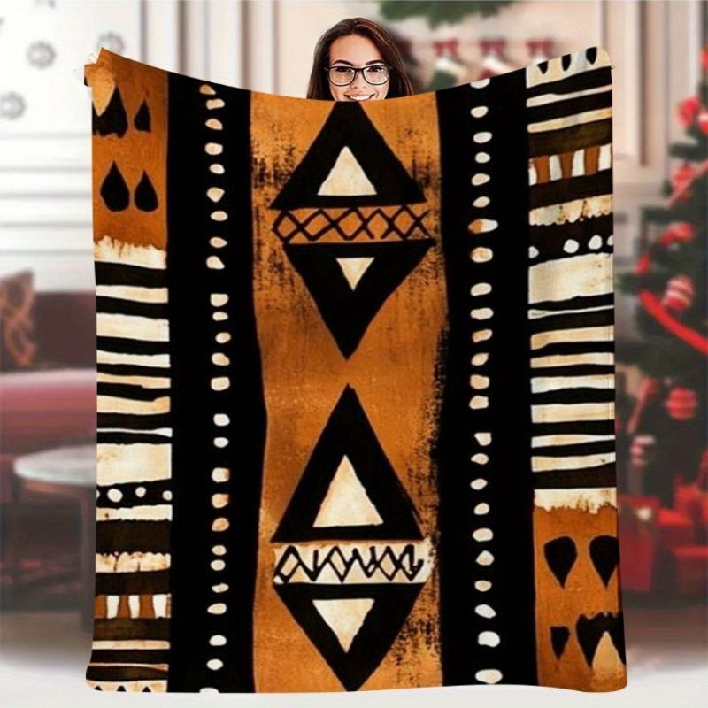 African Tribal Geometric Triangle Stripe Ethnic Warm Flannel Blanket, Retro Folk Pattern For Sofa Bedroom Camping Daily Warm