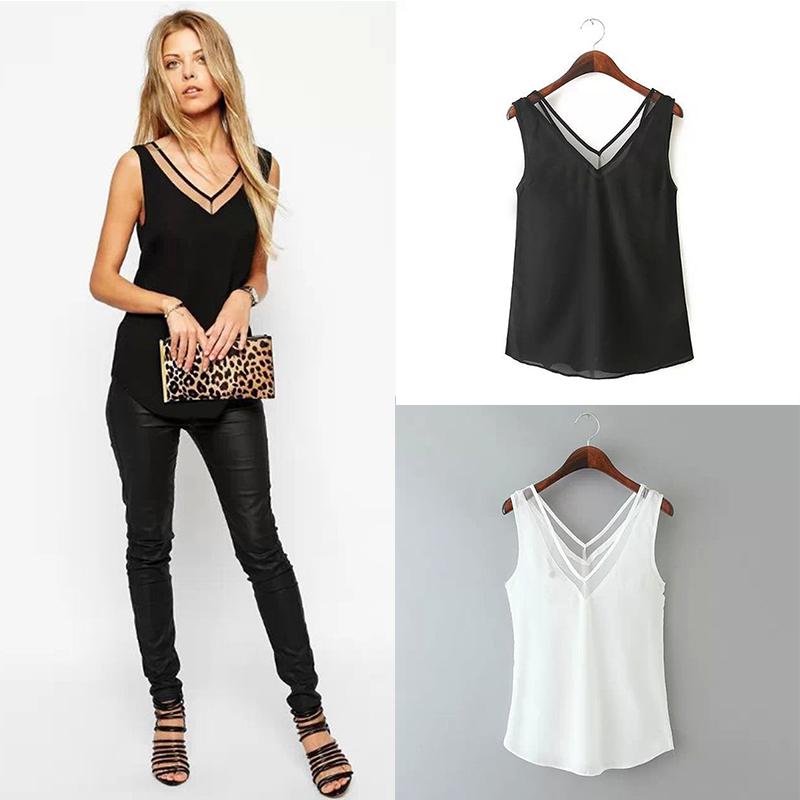 Топ женский шифоновый жилет Blusas Топы без рукавов Лоскутная футболка V-образный вырез Нижняя кофточка Прозрачная сетка Летняя повседневная майка