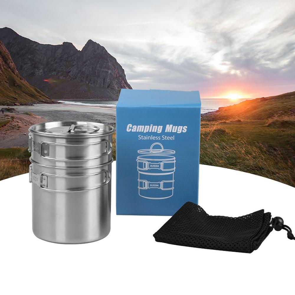 Stainless Steel Cookware Set Camping Cup Outdoor Portable Cooking Pot 2-3 People Camping Cookware