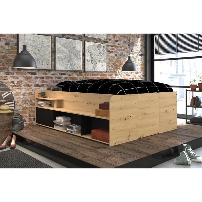 ODYSSEE Кровать-бокс для взрослых - 140x190/200 см - С подъемным ящиком для хранения - Декор дуб и черный - 166,2 x 66,5 x 205,8 см