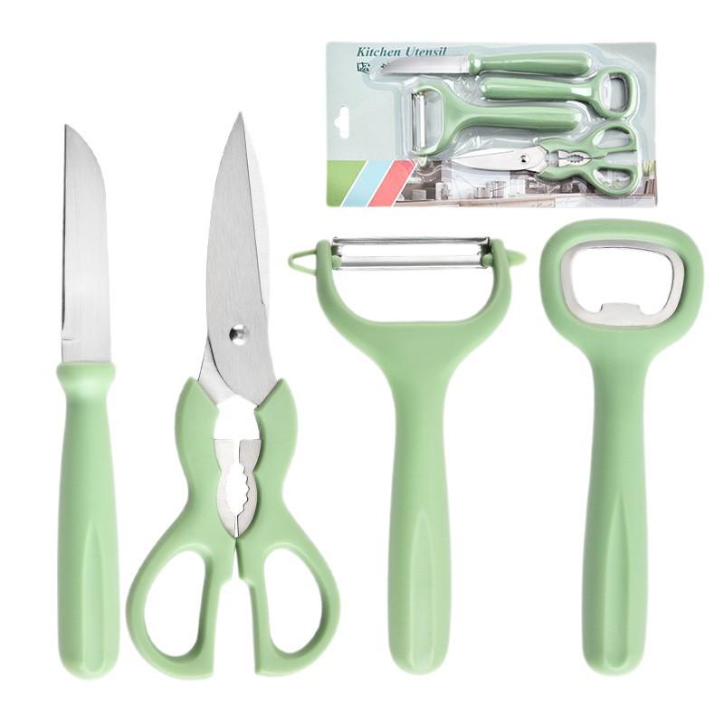 Four-Piece Kitchen Tool Set: Scissors, Can Opener, Grater, and Fruit Knife with Multi-functional Peeler and Melon Grater