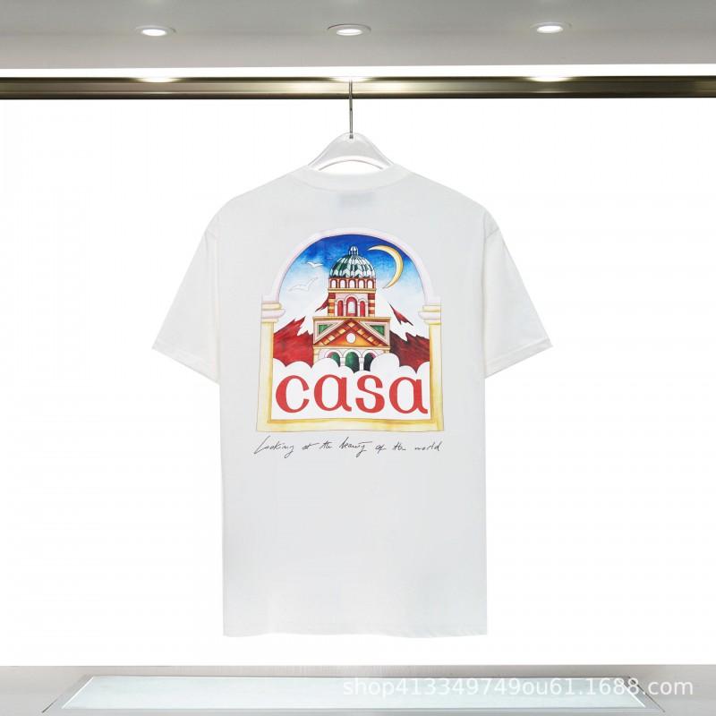 Casablanca Short Sleeve T-Shirt Couples Round Neck Loose Fit Cotton Casual Daily Wear
