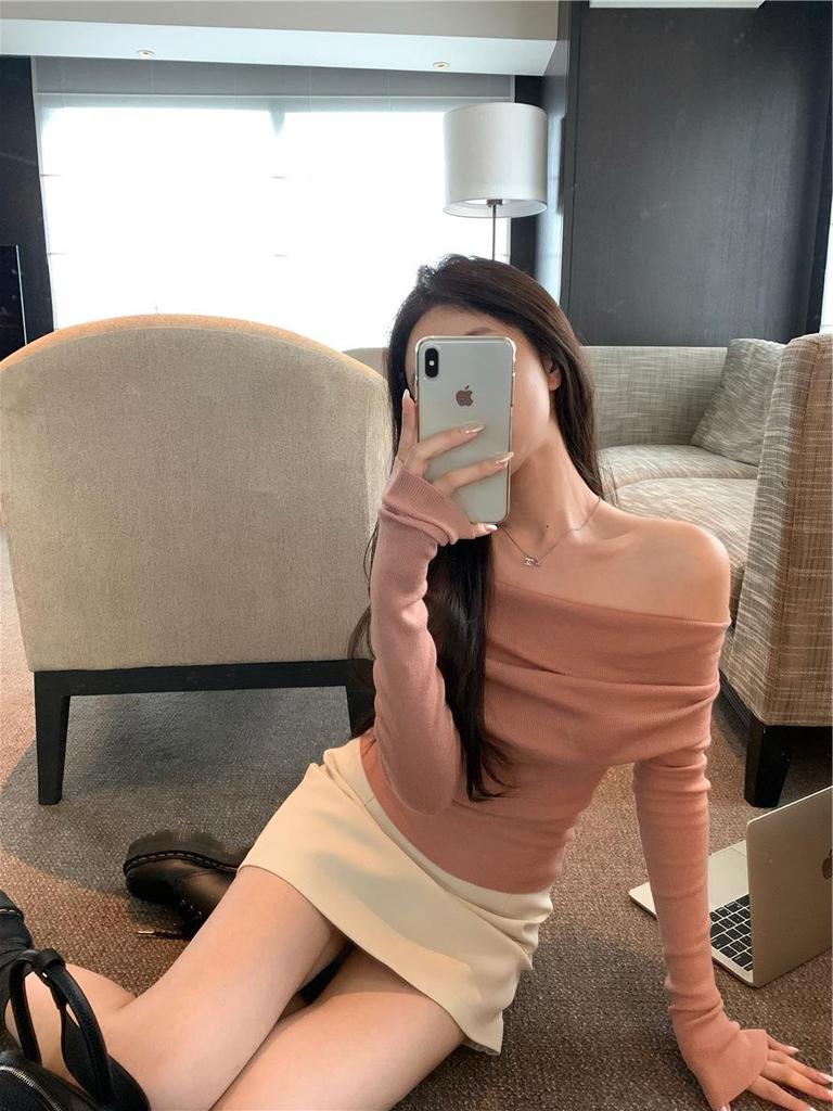Women's Apricot One-Shoulder Knit Sweater: Soft, Long-Sleeve, Sexy Off-Shoulder Top for Autumn.