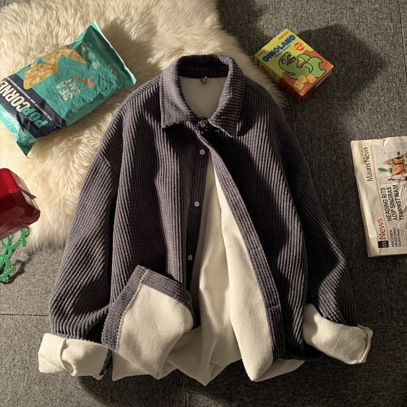 Waffle Shirt Men's Padded Spring and Autumn Solid Color Japanese Jacket Students Korean Version of Loose All Metch Long-sleeved Tops