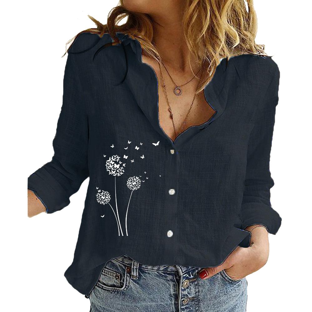 Women Fashion Cotton Linen Shirt Floral Print Long Sleeve Top Ladies Casual Stand-neck Buttoned Blouse