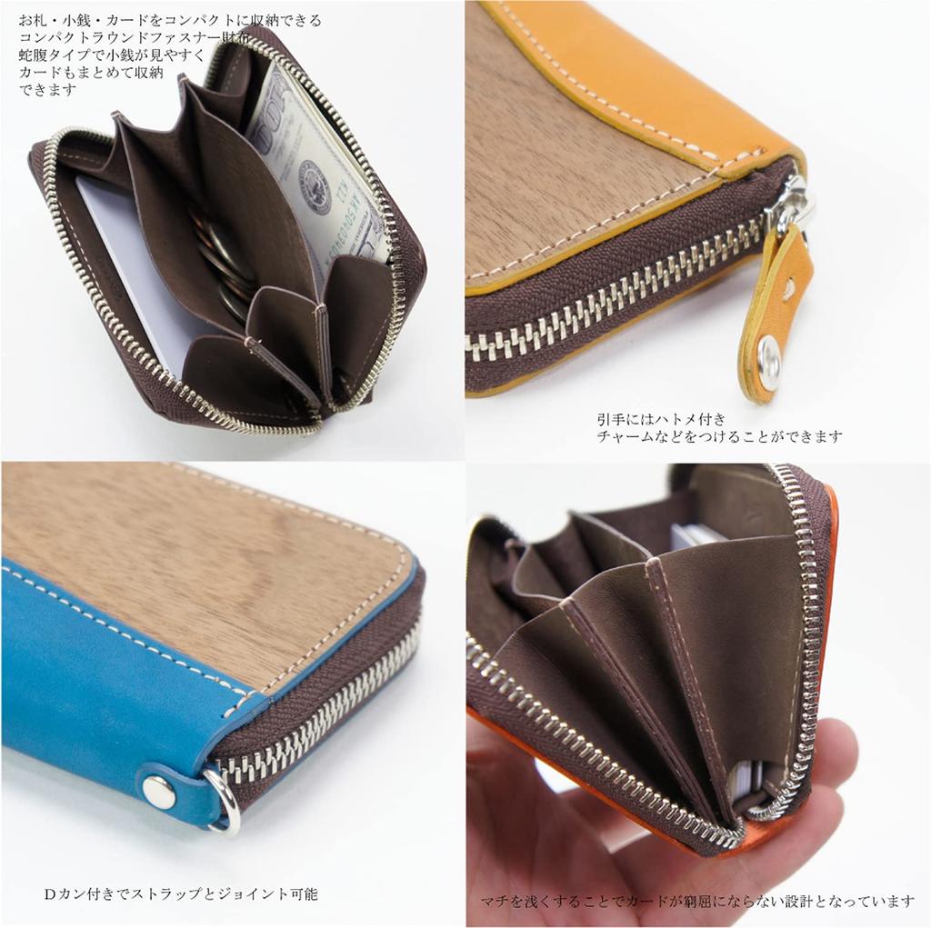 Round Mini Wallet Small Large Capacity Coin Case Genuine Leather Natural Wood Wood Leather Made In Japan Mustard