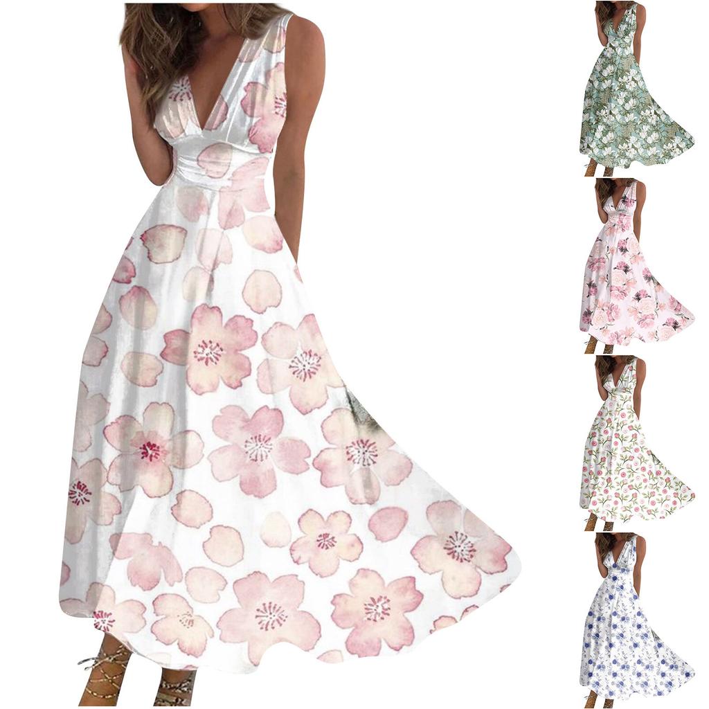 Женское длинное платье Платье макси Повседневное платье Летнее повседневное платье без рукавов с v-образным вырезом в стиле бохо с талией и принтом