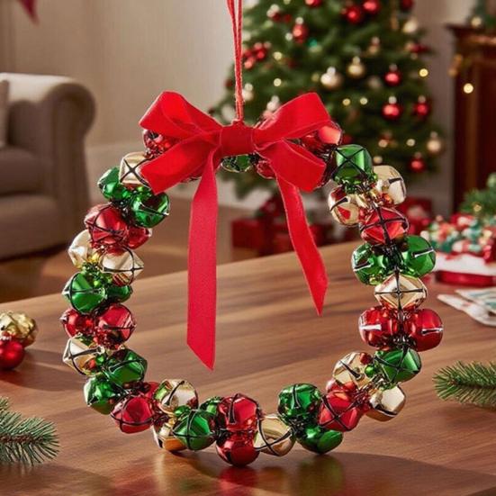 Рождественский венок из колокольчиков, венок из колокольчиков с бантом, маленькая гирлянда из колокольчиков, украшение для рождественского дома, елки