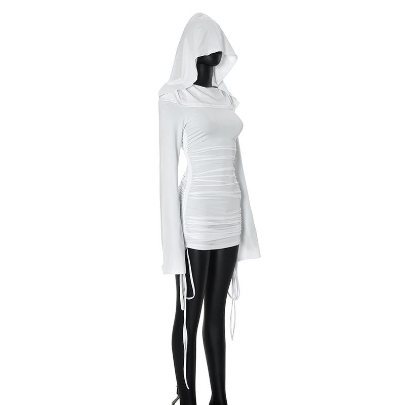 Женское осеннее однотонное короткое платье с длинным рукавом и капюшоном, утягивающее, плиссированное, с высокой талией