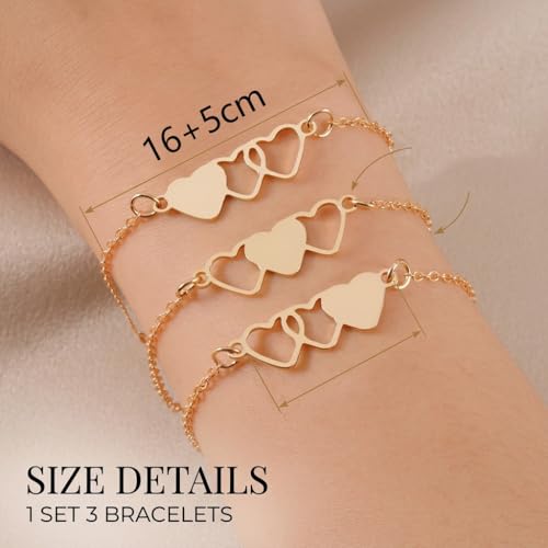 Lahkvor 3 Pcs Friendship Bracelet Set Gold Heart Pendant for 3 People BFF Jewelry for Girls Women Best Friend Sister Birthday Gift