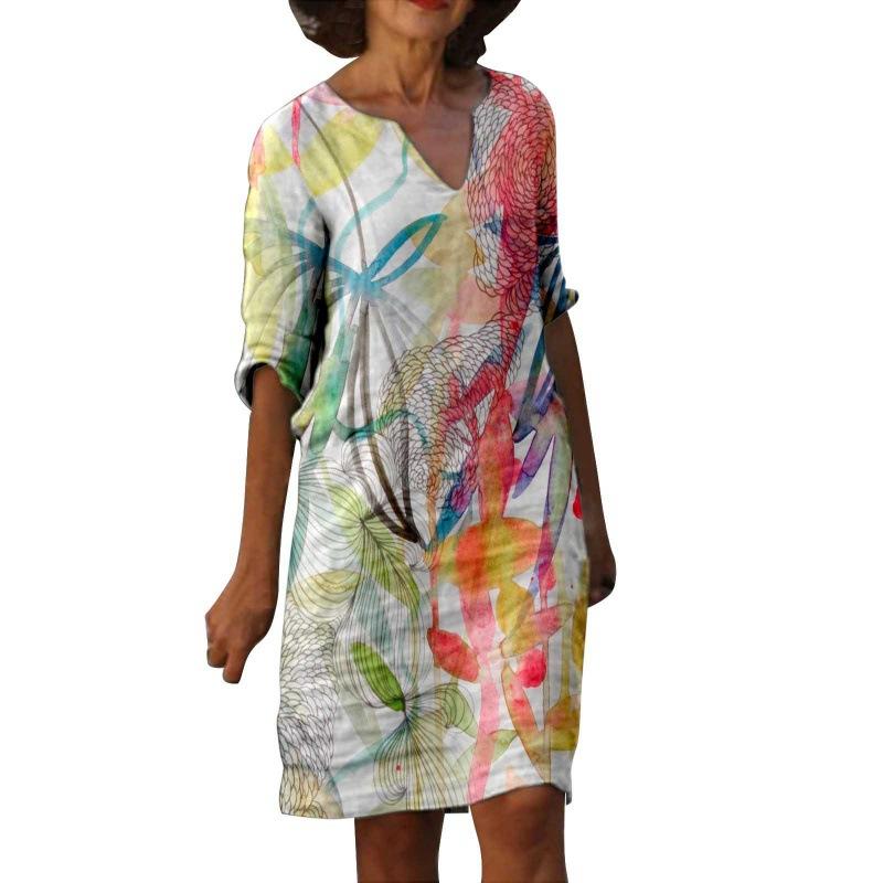 Women's Spring and Summer Fashion Painting Printed Five Sleeve Multi Color Medium Length Dress