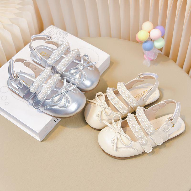Girls Pearl Bow Mary Jane Sandals Soft Sole Back Strap Princess Shoes Kids Shiny Closed Toe Sandals Little Girl Rhinestone Shoes