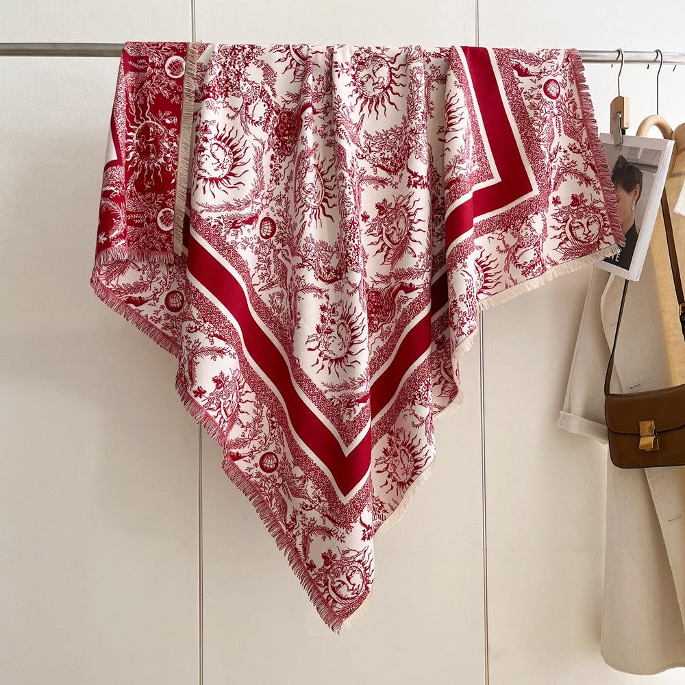 Winter New Imitation Cashmere Scarf High-end Women's Warm Square Scarf Red Cashew Jacquard Cape Shawl