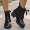 Fashion Sexy Lace Up High Heel Ankle Boots Women Autumn Fashion Solid Black Pu Round Toe Chelsea Boots Chunky Platform Non Slip Shoes