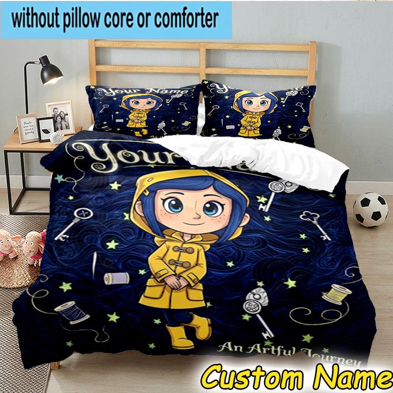 3pcs Custom Name Mystery Coraline's World Bedding Set Includes 1 Duvet Cover & 2 Pillowcases for All Seasons Dormitory Home Decor Christmas gifts