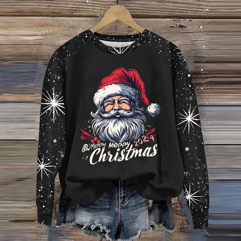Women's Fashion Round Neck Pullover Plunging Sleeve Tee Christmas Printed Top