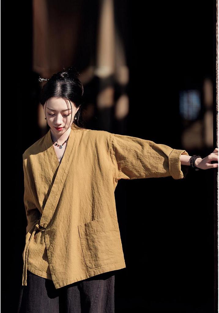 Женский ретро-топ Hanfu свободного кроя из льна, завязывающийся на узел, в стиле дзен, верхняя одежда
