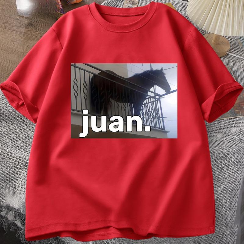 Juan Silly Horse on Balcony Dank Meme Pattern T-shirt Funny Unisex's Round Neck Casual Short Sleeve T-shirt Summer Top