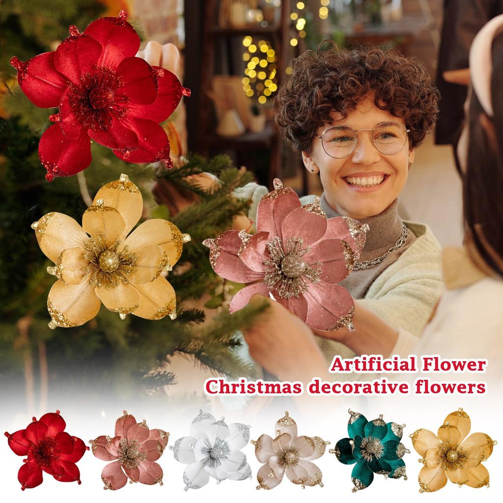 Artificial Glitter Magnolia Flowers Christmas Poinsettia Ornaments Picks For Christmas Tree Wreath Garland Xmas New Year Decoration