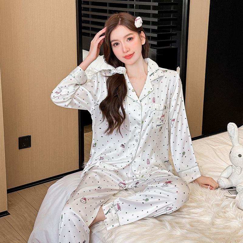 Pajamas women's spring and autumn ice silk long-sleeved trousers high-end sweet kitty polka dots can be worn outside loungewear suit
