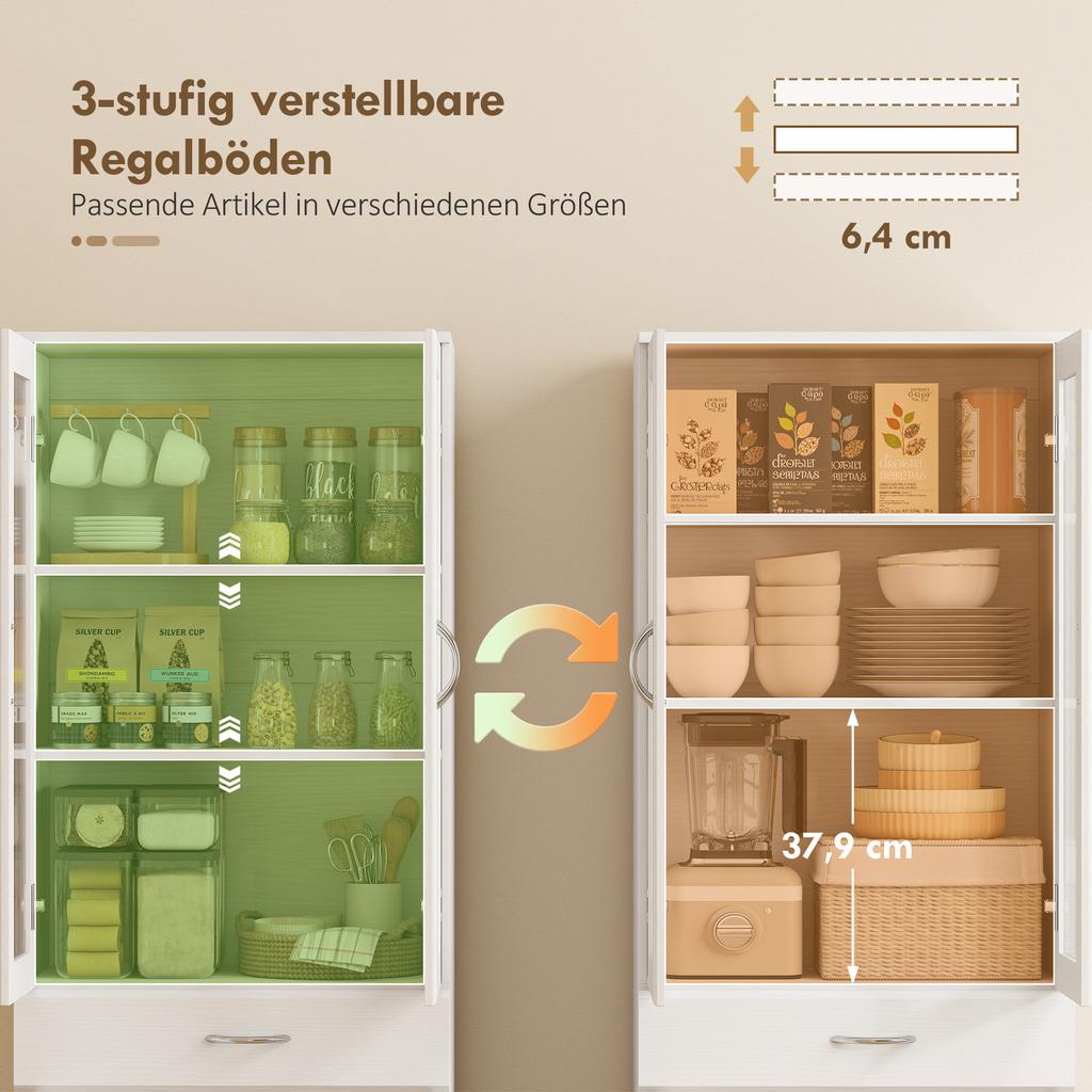 Kitchen Cabinet Buffet Cabinet with Adjustable Shelf Drawer 2 Cabinet Tall Cabinet with Glass Door 60 x 35 x 180 cm White