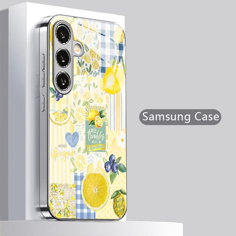 2D чехол для телефона с лимонным пэчворк-узором для Samsung S26 S25 S24 S23 S22 S21 S20 A56 A36 A16 - Гальванизированная стеклянная защитная крышка