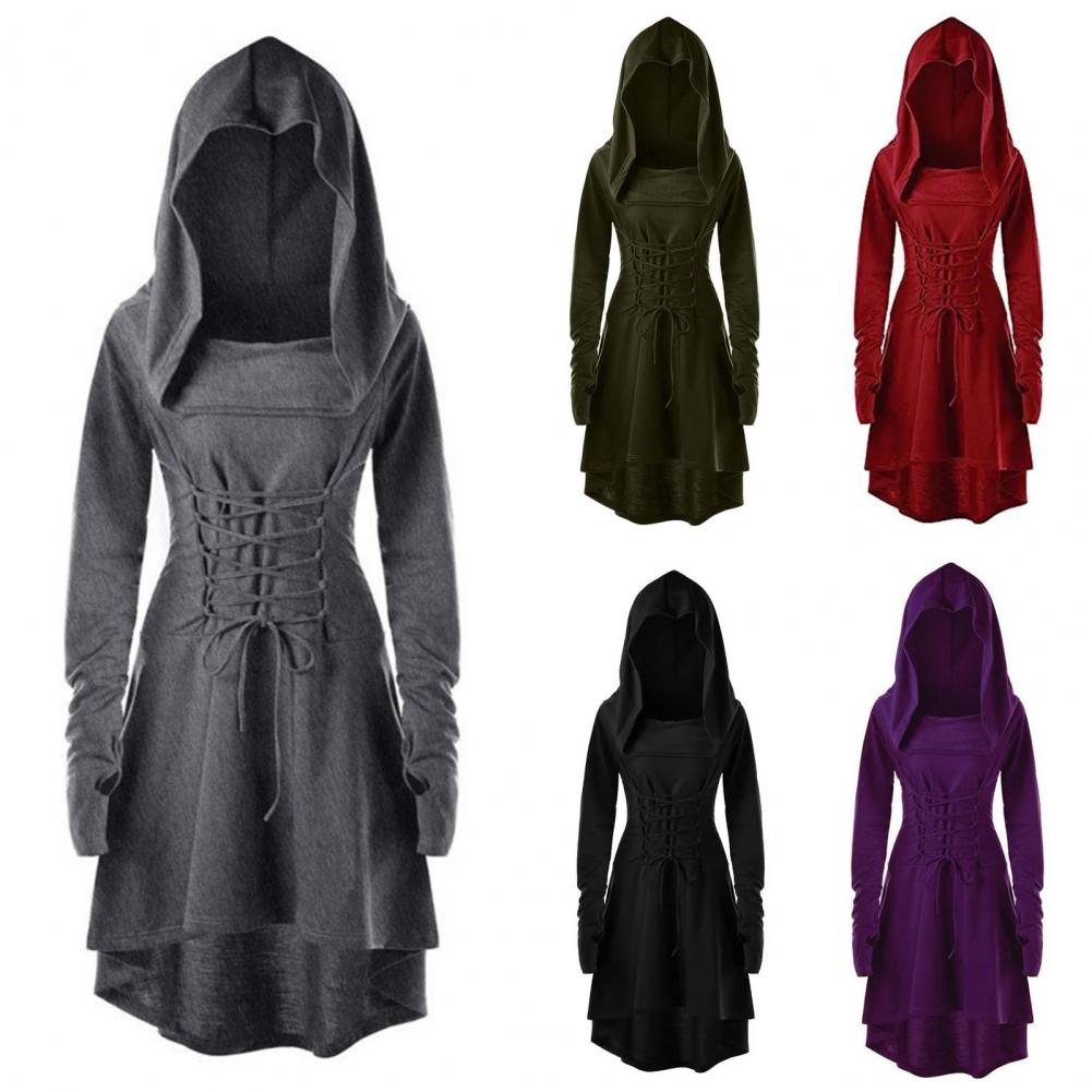 Women Cosplay Dress Gothic Solid Color Lace-up Strap Slim Waist Irregular Hem Hooded Long Sleeves Theme Parties Role-Playing St Practical Use