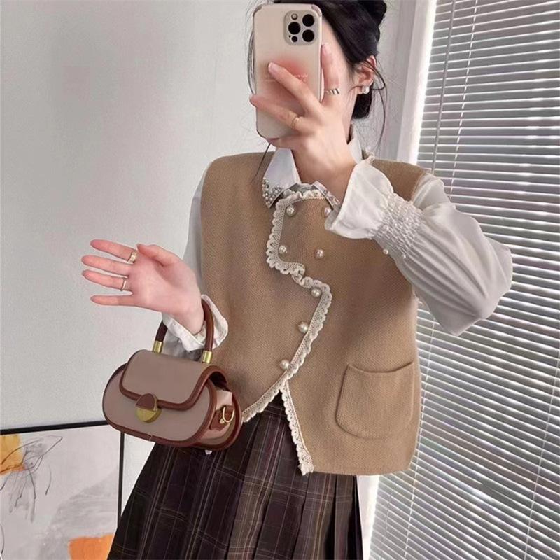 Корейский ретро-стиль с небольшим ароматом, жилет с кружевной кромкой, вязаный кардиган для женщин 2024 года, новый повседневный дизайн, свитер