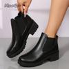 Женские короткие ботинки Осень/Зима Новая коллекция Средний каблук Круглый носок Слипоны Ботильоны Черная платформа Челси Ботас