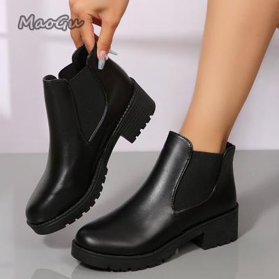 Модные женские короткие ботинки 2025 Осень/Зима Новая коллекция Средний каблук Круглый носок Слипоны Ботильоны Черная платформа Челси Ботас