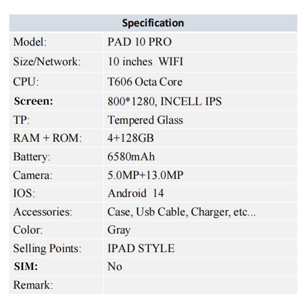Планшет G-tab PAD10 Pro Android 14, 10,1 дюйма 1280*800 IPS-экран, T606 8 ядер до 2,0 ГГц, 10 ГБ ОЗУ (4 ГБ + 6 ГБ расширение) 128 ГБ ПЗУ