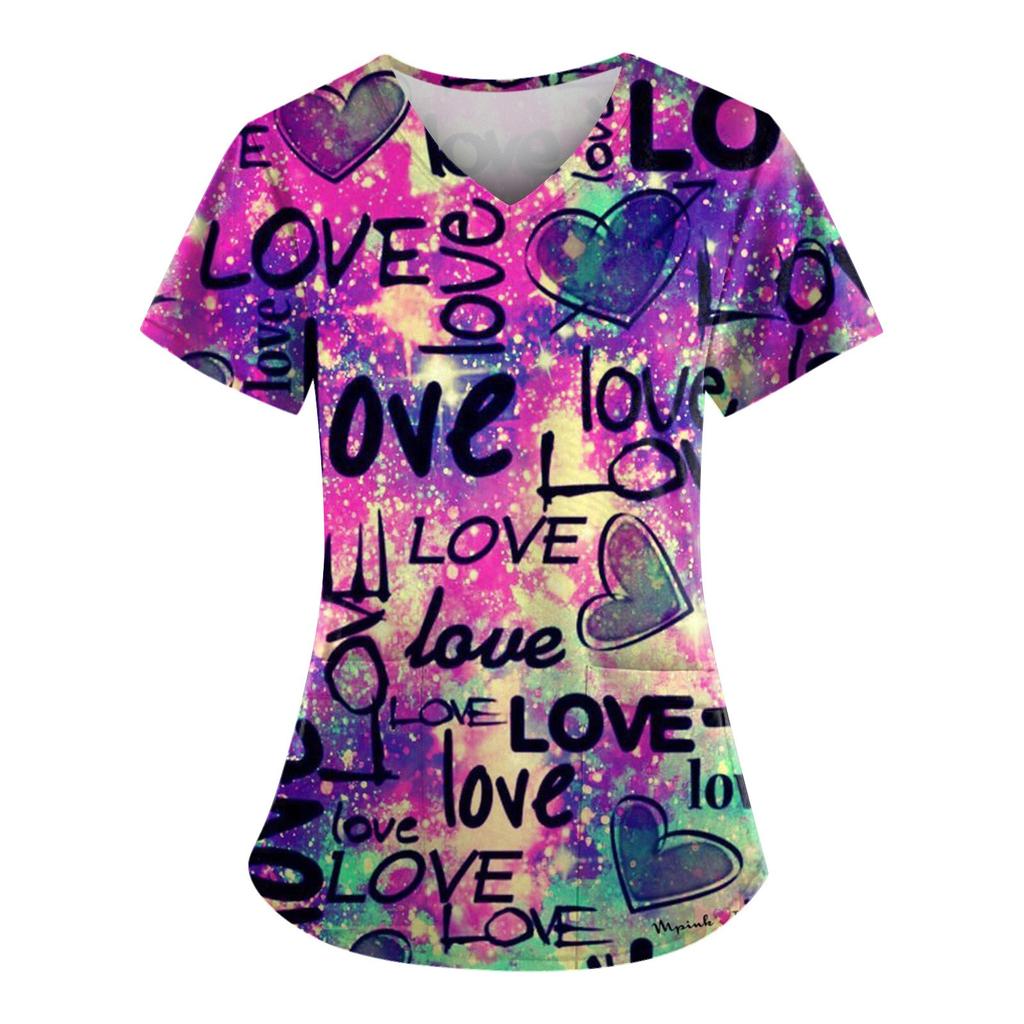 Plus Size Printed Scrub Working Uniform Tops For Women's V-Neck Short Sleeve Fun T-Shirts Workwear Tee With Pockets