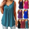 Summer V-neck Button Up Pleated Vest T-shirt Solid Color Casual Top for Women