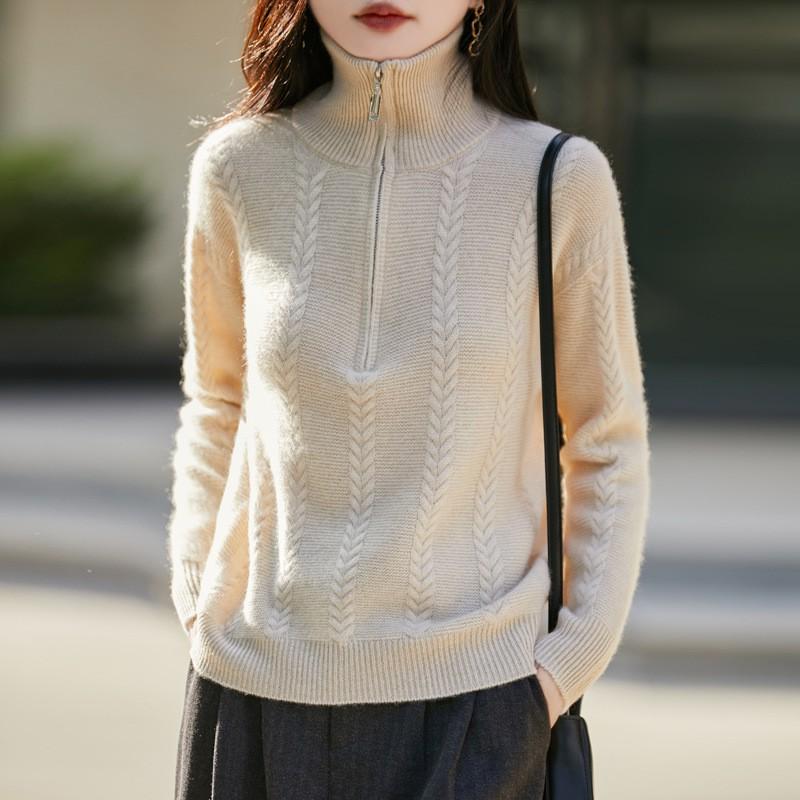 Womens Oversized Chunky Knit Turtleneck Zipper Sweater Soft Wool Pullover Winter Casual Top