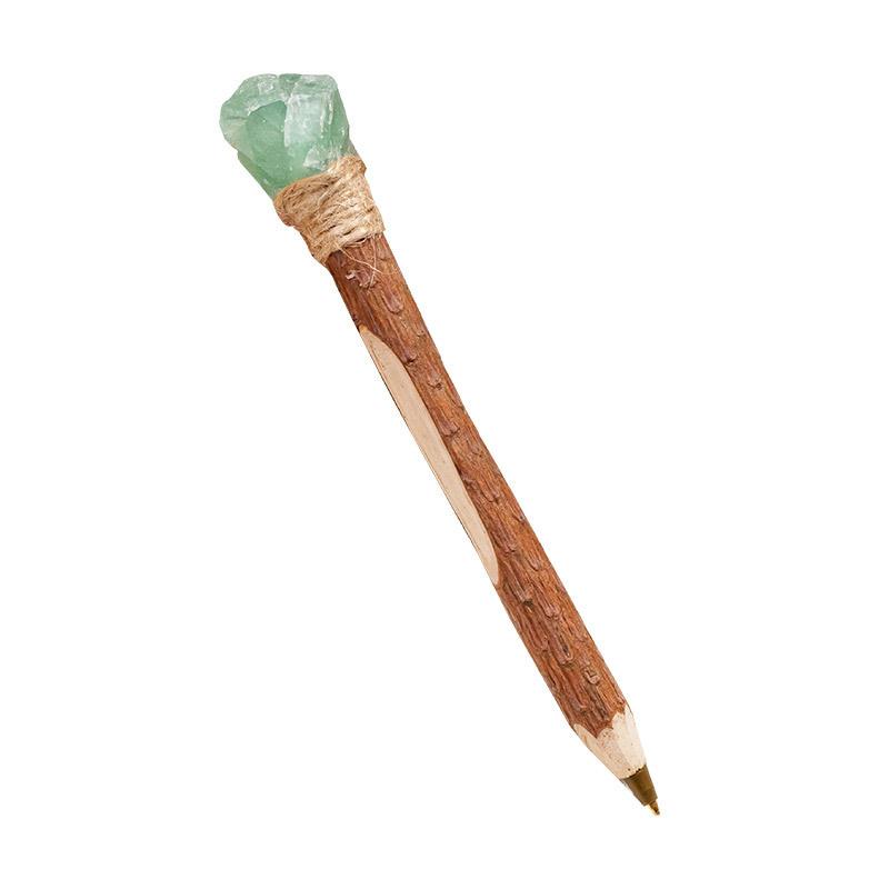 Custom Logo Natural Crystal Rough Stone Ballpoint Pen Solid Wood Barrel Retro Feng Shui Scepter Style Gift Office