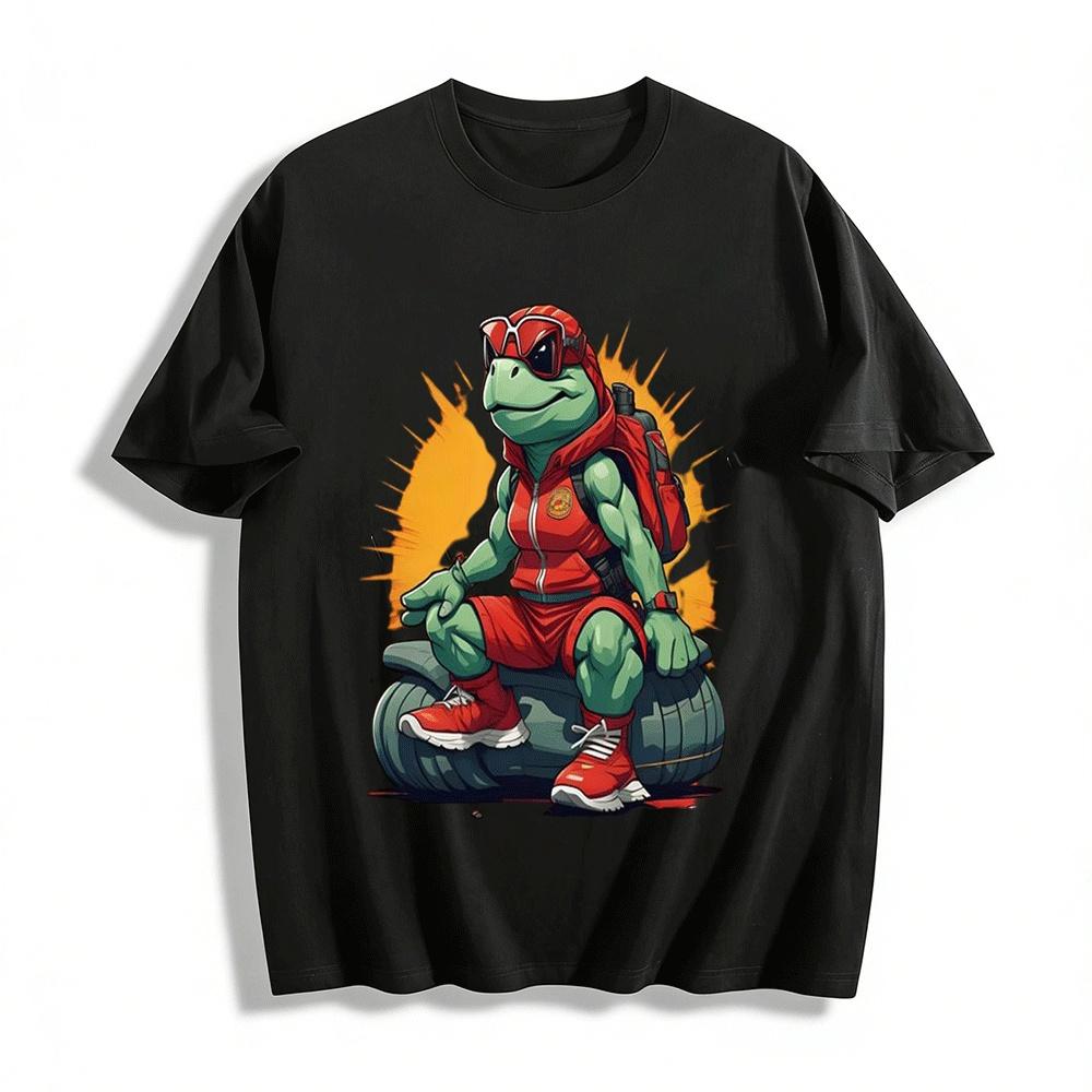 Muscular Turtle Print Trendy Functional Style Casual Top Pure cotton T-shirt