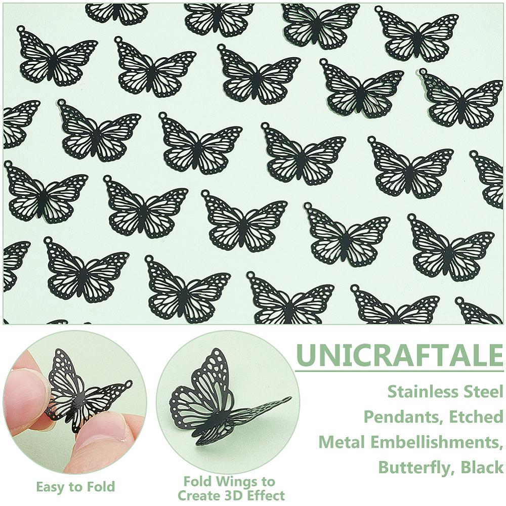 40Pcs Electrophoresis 430 Stainless Steel Pendants Etched Metal Embellishments Butterfly Black 19x26x0.4mm Hole: 1.2mm